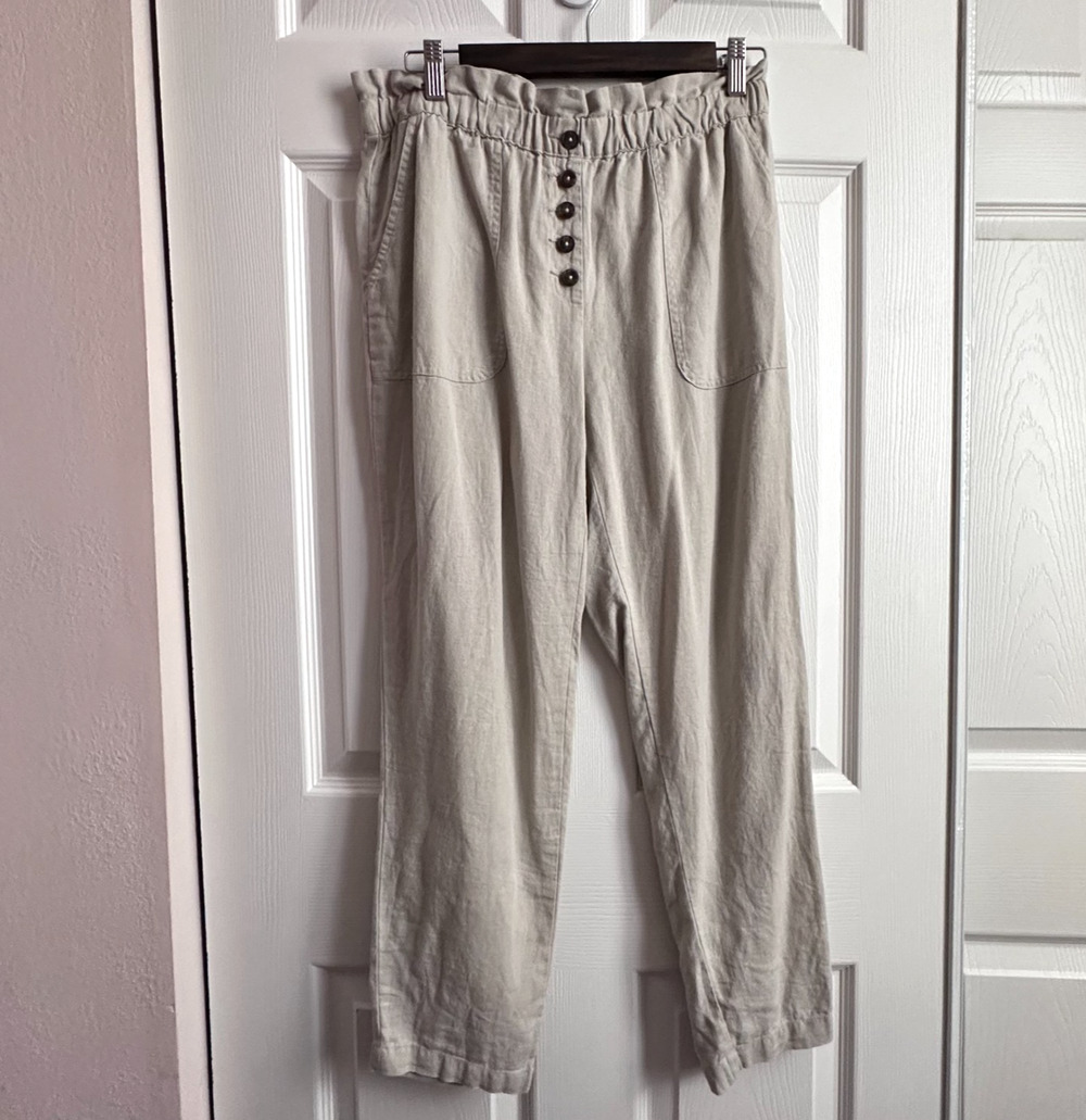 Ellen Tracy Womens Small Khaki Linen High Rise Paperbag Elastic Waist Pants